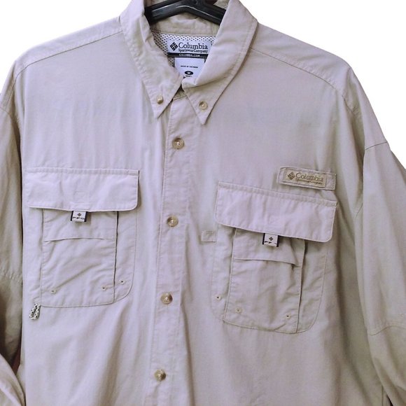 Vintage 90s Columbia PFG Shirt OmniShade Mens-M Pockets LSL Nylon Beige - Picture 2 of 10
